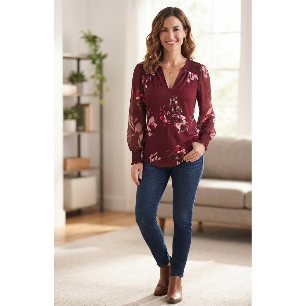 WHBM Outlet Holiday Floral Zinfandel Notch Neck Tunic Top XS 570377228 NWT